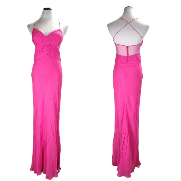 Vintage Cache Formal Dress Size 8 Pink Silk Chiffon Mesh Cutouts Strappy Back - Picture 1 of 16